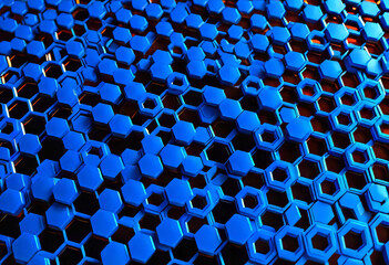 abstract background made of transparent glass and metal liquid hexagons, Materials science, man-made honeycombs,