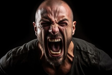 Angry Man Screaming with Rage. Face of Furious Guy Shouting in Frustration, Isolated on Black