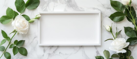 Beautiful white rose and petals with frame on marble texture background. Wallpaper. Valentine's day. Wedding. Backdrop
