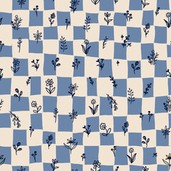 Gridded Garden. Cute retro blue check pattern with dissorted botanical elements seamless repeat pattern. Hand drawn, vector flowers, leaves, herbs, branches grid aop all over surface print.