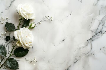 Beautiful white rose and petals on marble texture background. Wallpaper. Valentine's day. Wedding. Backdrop