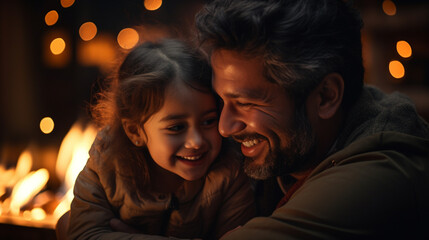 Small cute mixed race kid daughter embrace loving black dad smiling bonding sit on sofa, happy affectionate african american family single father and little child girl hugging enjoy moments of love