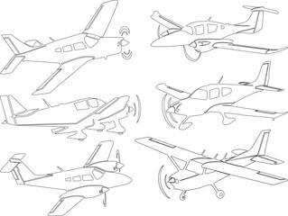 Propeller airplane collection vector design for coloring book