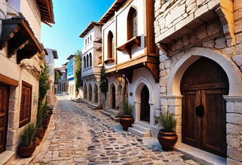 Ancient eastern narrow streets of the beautiful Kukort Muslim city on the shores of the Mediterranean Sea, tourist attractions in Turkey,