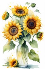 Bouquet of sunflowers in a transparent vase on a white background. Beautiful watercolor