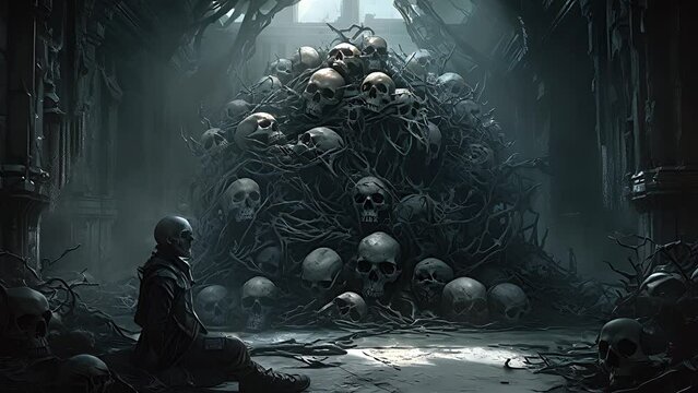 Awesome pile of skull human and bone in a temple. Created with Generative AI.