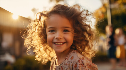 Fototapeta premium Portrait of a beautiful little princess girl at sunset.