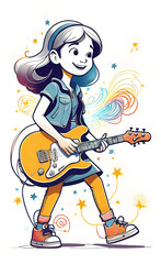 vector illustration, cute cheerful girl playing the electric guitar, children's picture for illustration, 3D rendering, sticker for children,