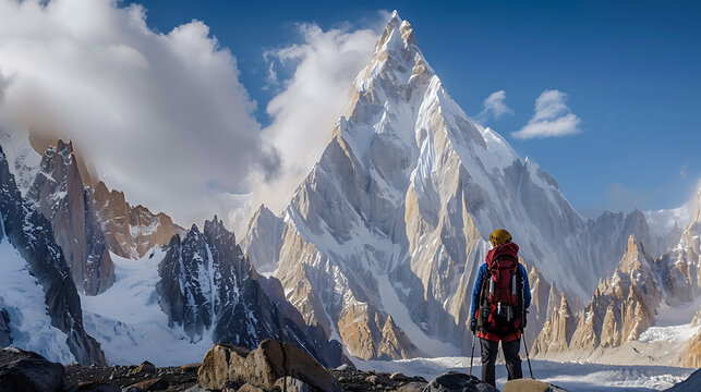 A Lone Adventurer Standing At The Base Of A Majestic Mountain, Wearing A Backpack Filled With Essentials For The Journey Ahead