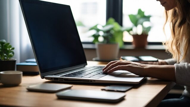 Desk, hands typing and laptop at home for remote work, internet search or blog. Closeup, computer and woman on keyboard at table in the livi room, writing email and communication on digital technology