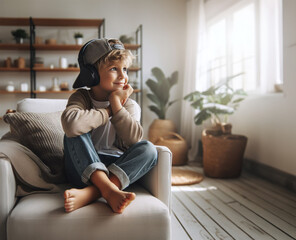 ein gl&uuml;cklicher blonder Junge sitzt barfu&szlig; mit Kopfh&ouml;rer l&auml;chelnd in einem gem&uuml;tlichen Sessel im Wohnzimmer und genie&szlig;t was er h&ouml;rt voller Freude, unbeschwerte Kindheit
