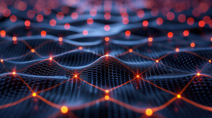 Abstract digital landscape representing a neural network with interconnected nodes and illuminated connections on a dark background