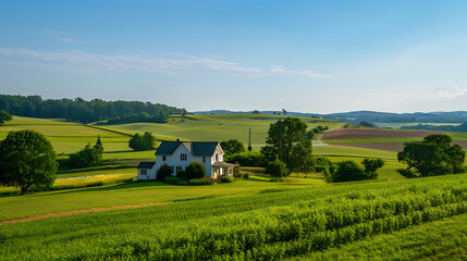 A serene countryside scene featuring a charming farmhouse nestled amidst a picturesque farm landscape
