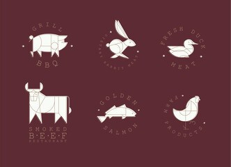 Animal labels in art deco linear style with lettering grill bbq, fresh meat, smoked beef restaurant, golden salmon, farm products drawing on red background