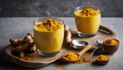 Two glasses of yellow liquid with spices on a wooden board