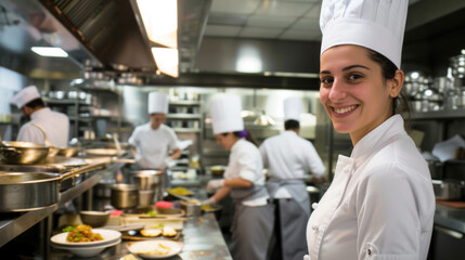 Fototapeta na wymiar Cheerful smiling female Caucasian cook in restaurant kitchen