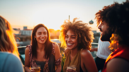 A group of young people enjoying a casual party on the roof of a building at sunset