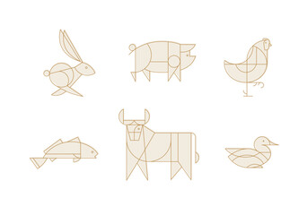 Animals rabbit, pig, chicken, fish, cow, duck drawing in art deco linear style on light background