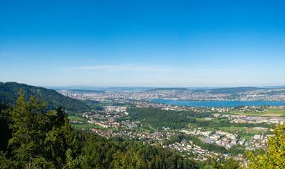 Zurich, Switzerland - September 5th 2023: View towards the city with lake from the Felsenegg terrace