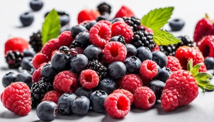 A pile of blueberries and raspberries