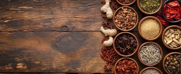 Traditional Chinese Medicine dried herbs table background - obrazy, fototapety, plakaty