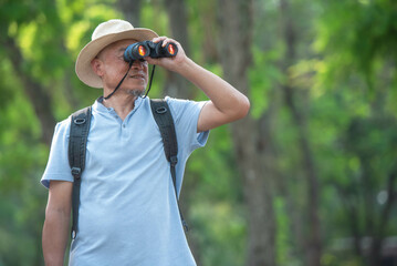 Asian tourists carry backpacks and go hiking in a national park in Thailand. Use binoculars to look at birds in the trees. Concepts of plant and animal researchers.