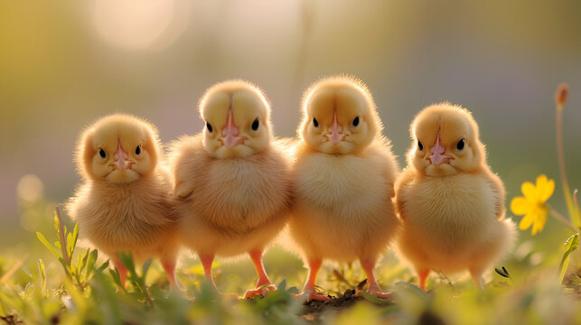 Adorable Easter chicks huddled together in a garden, generative ai