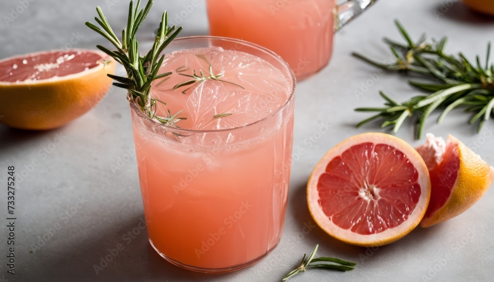 Wall mural A glass of pink grapefruit juice with a sprig of rosemary