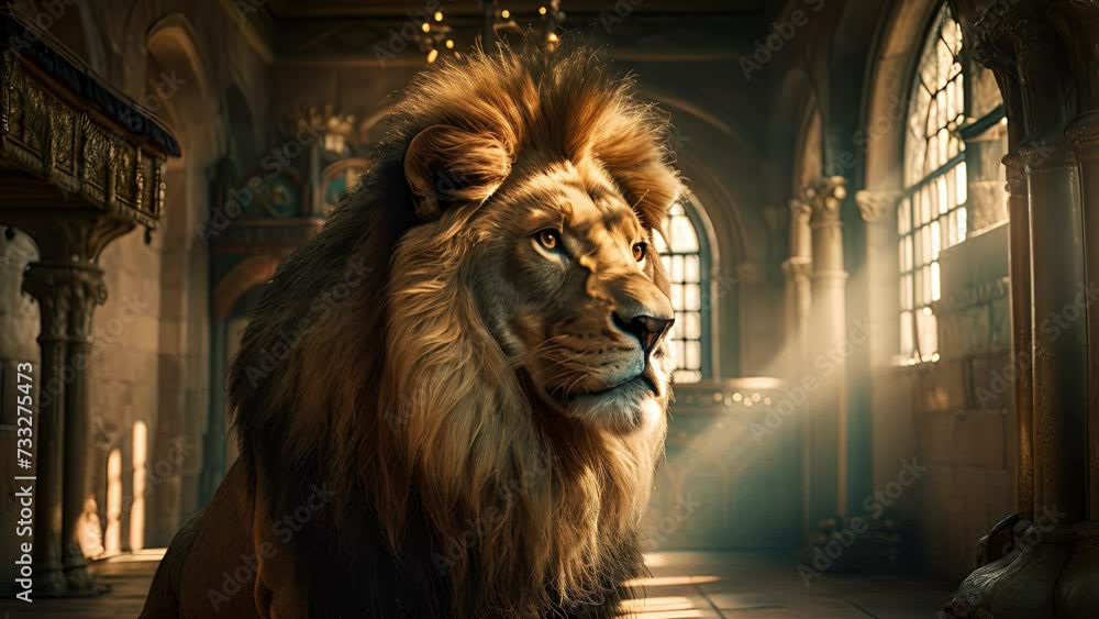 Wall mural imposing lion inside a temple. created with generative ai.