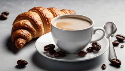 A cup of coffee and a croissant on a plate