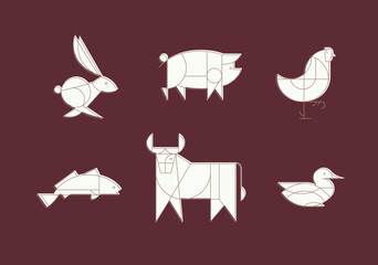 Animals rabbit, pig, chicken, fish, cow, duck drawing in art deco linear style on red background