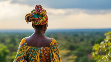 African woman stands with her back and admires the view of the African savanna. A traveler traveling on vacation in the most beautiful place in the world. Summer vacation