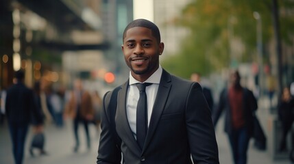 Fototapeta premium portrait of a handsome smiling white young black businessman boss in a black suit walking on a city street to his company office. blurry crowdy street background --ar 16:9
