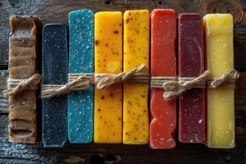 A set of colorful, fragrant soaps arranged beautifully, enhancing the bathroom atmosphere with cleanliness and charm. - obrazy, fototapety, plakaty