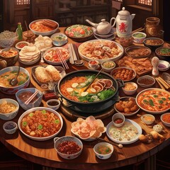Fototapeta premium a big table with a lot of different chinese dishes