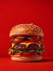 A hamburger over a red background made with