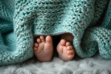 Cute baby feet peeking under a woolen blanket