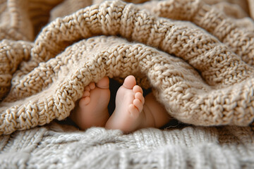 Cute baby feet peeking under a woolen blanket