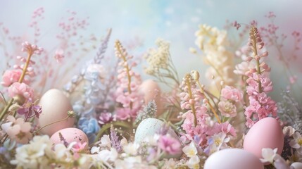 A Serene Spring Backdrop Featuring Pastel Flowers and Delicate Easter Eggs
