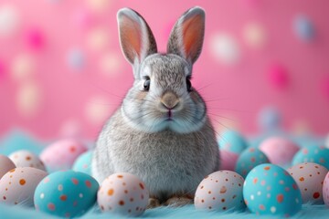 Fototapeta na wymiar Humorous Easter bunny dressed in an egg costume on a pastel background