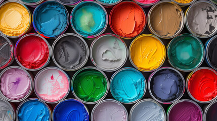 Top view of colorful oil paint cans