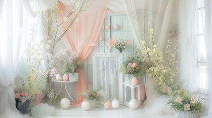 A Breathtaking Spring Backdrop with Pastel Easter Eggs and Lush Flowers 