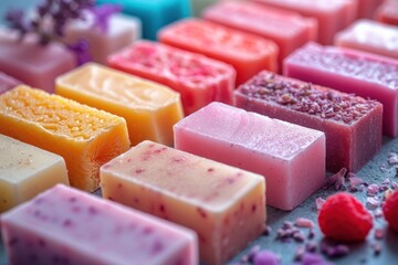 A set of colorful, fragrant soaps arranged beautifully, enhancing the bathroom atmosphere with...