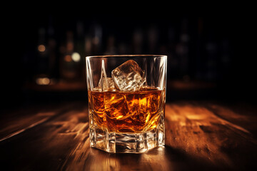 Whiskey glass with ice on wooden table  in bar, dark background