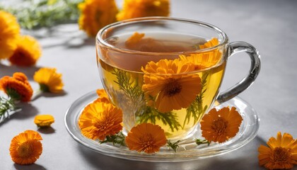 A cup of tea with orange flowers on top