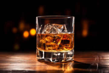 Whiskey glass with ice on wooden table  in bar, dark background