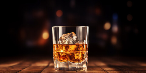 Whiskey glass with ice on wooden table  in bar, dark background - Powered by Adobe