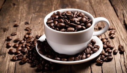 Fototapeta premium A cup of coffee with beans on a wooden table