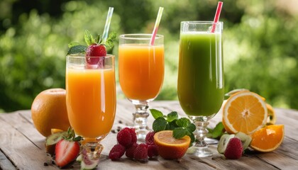 Four glasses of juice and fruit on a table