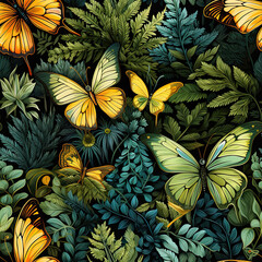 Seamless pattern with butterflies and leaves on dark background.